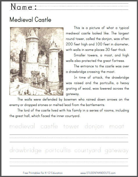 Medieval Castle Lower Elementary Worksheet - Free to print (PDF file) in print manuscript or cursive script.