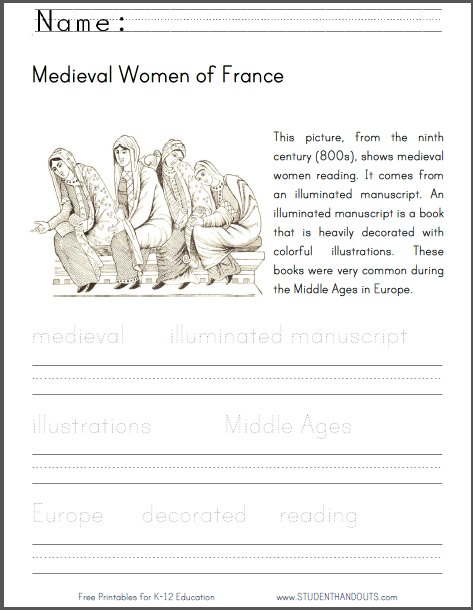 Medieval Women of France Lower Elementary Worksheet - Free to print (PDF file).