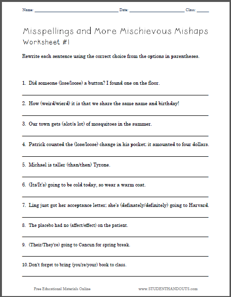 Misspellings and More Mischievous Mishaps Worksheets - Free to print (PDF files) for ELA: English Language Arts, grade eight and up.