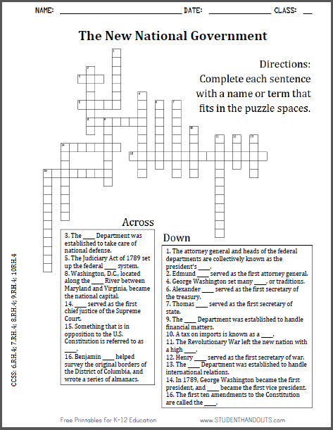 New National Government Crossword Puzzle | Student Handouts