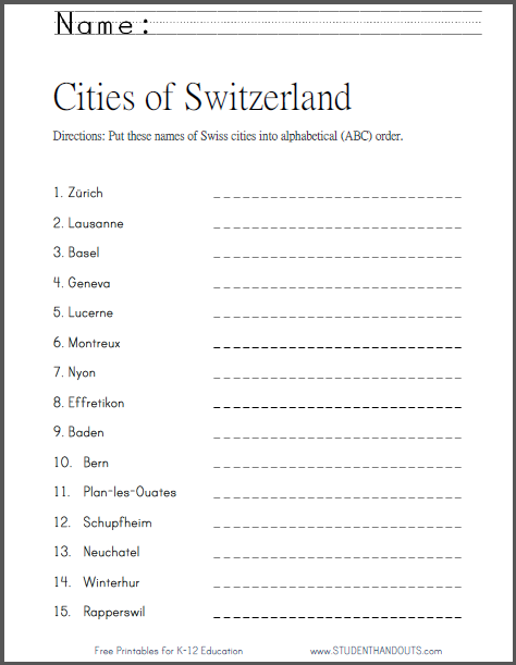 Swiss Cities in ABC Order Worksheet - Free to print (PDF file).