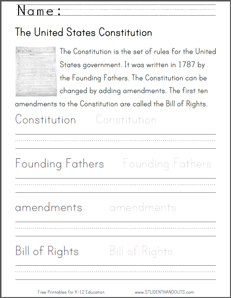 U.S. Constitution Handwriting Practice Worksheet - Free to print (PDF file) for kindergarten and first grade.