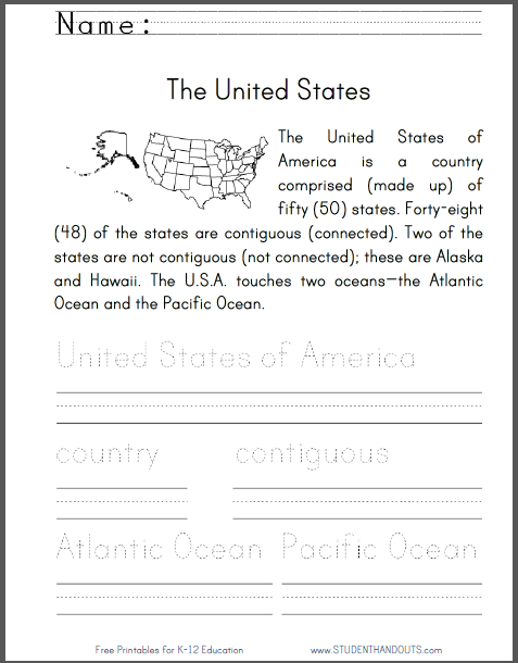 United States Geography Primary Worksheet - Free to print (PDF file) for kindergarten and first grade.