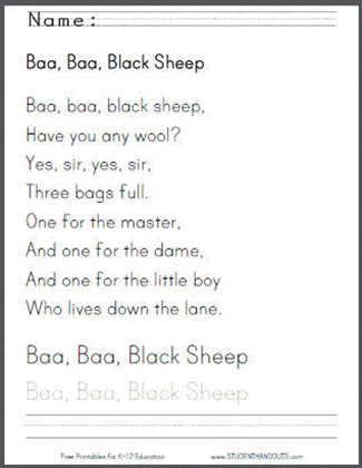 Baa Baa Black Sheep Nursery Rhyme - Free printable worksheets (PDF files).