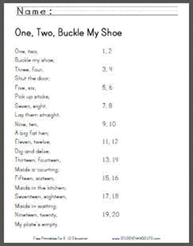 Worksheets are free to print (PDF files). "One, Two, Buckle My Shoe" is a great nursery rhyme for combining beginning spelling and math. Kids practice counting to twenty while seeing the numbers written.