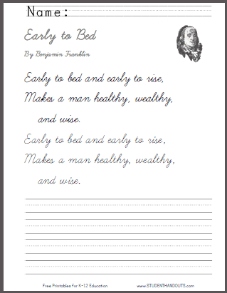 "Early to bed, early to rise" Benjamin Franklin Proverb Worksheets - Free to Print (PDF Files)