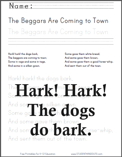 The Beggars Are Coming to Town - Printable nursery rhyme with worksheets for children.