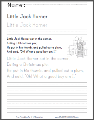Little Jack Horner - Nursery Rhyme Worksheets for Kids - Free to print (PDF files).
