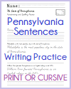 Pennsylvania Sentences Writing Practice in Cursive or Print Fonts