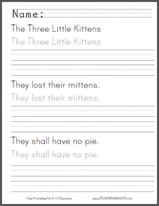 The Three Little Kittens Handwriting Practice Worksheet