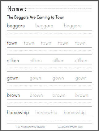 The Beggars Are Coming to Town - Printable nursery rhyme with worksheets for children.