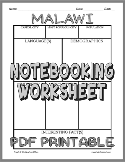 Malawi Notebooking Worksheet - Free to print (PDF file). Students are tasked with independently or in small groups researching information on Malawi.