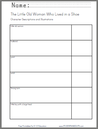 The Little Old Woman Who Lived in a Shoe - Free literature printables, including the fairy tale eBook (print or cursive), nursery rhyme, and numerous worksheets.