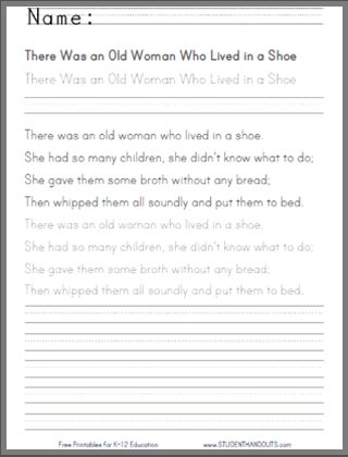 The Little Old Woman Who Lived in a Shoe - Free literature printables, including the fairy tale eBook (print or cursive), nursery rhyme, and numerous worksheets.