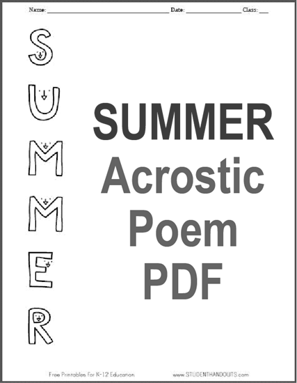 Free Printable Summer Acrostic Worksheet (PDF File)
