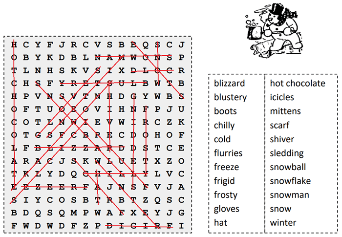 Winter Word Search Puzzle Answer Key