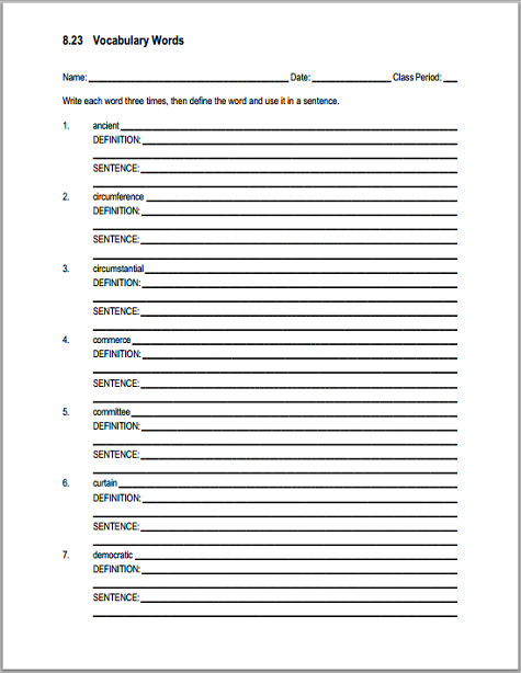 Vocabulary List 8.23 Sentences and Definitions - Free to print (PDF file).