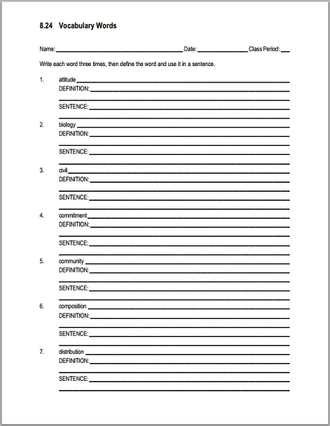 Vocabulary List 8.24 Sentences and Definitions - Worksheet is free to print (PDF file).
