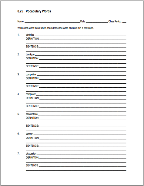 Vocabulary Terms List 8.25 - Students define each term and use it in a sentence. Free to print (PDF file).