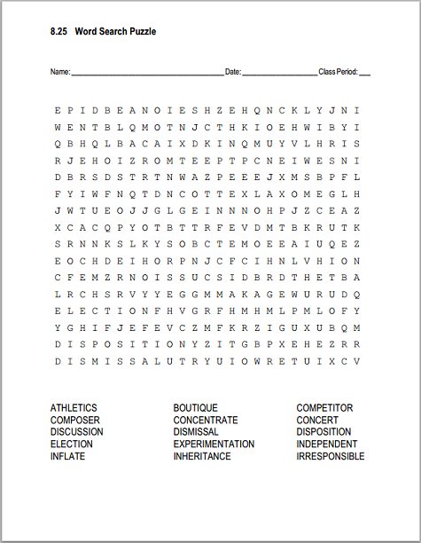 Vocabulary List 8.25 Word Search Puzzle - Free to print (PDF file).
