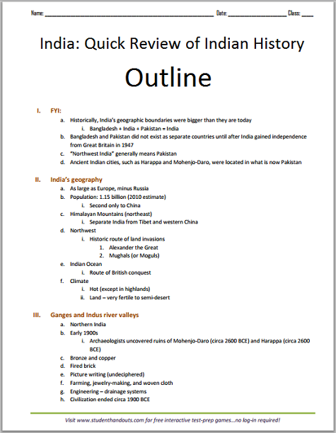 Overview History of India Outline - Free to print (PDF file).