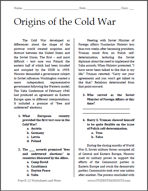 Origins of the Cold War - Reading with Questions | Student Handouts