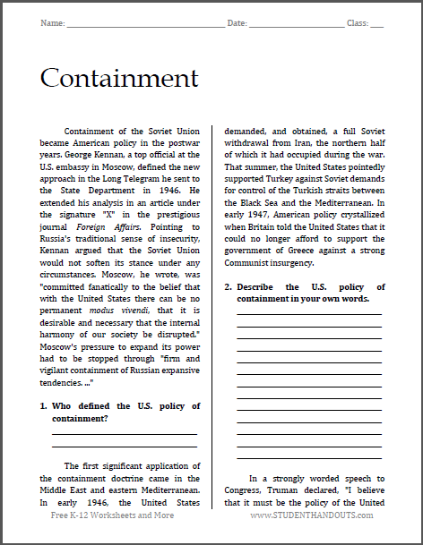 Containment in the Cold War - Reading with Questions | Student Handouts