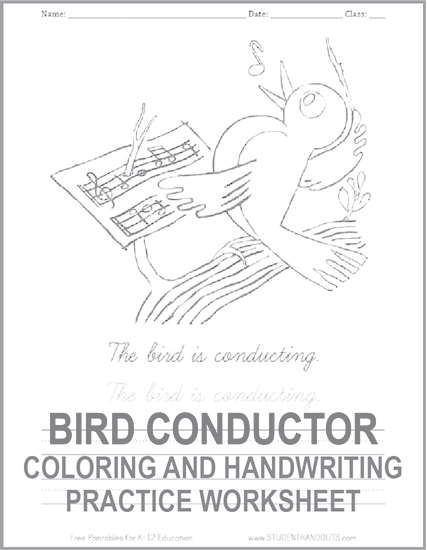 Bird Conducting Music Coloring Sheet - Free to print. Includes print or cursive handwriting practice.