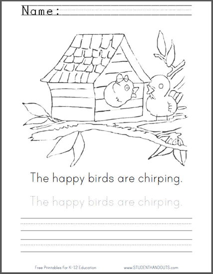 Happy Chirping Birds Coloring Page with Handwriting Practice - Free to print (PDF file).