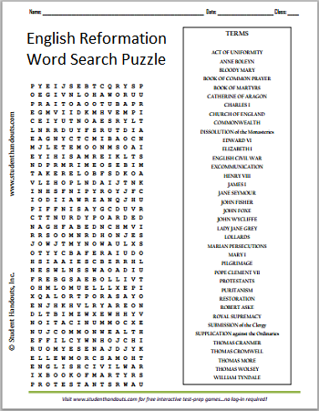 English Reformation Word Search Puzzle - Free to print (PDF file) for high school World History students.