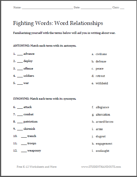 Fighting Words: War Writing Worksheets - Helpful vocabulary terms for writing about war. Free to print.