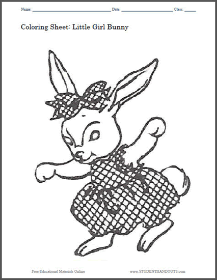 Little Girl Bunny Rabbit to Color for the Season of Spring - Free to print (PDF file).