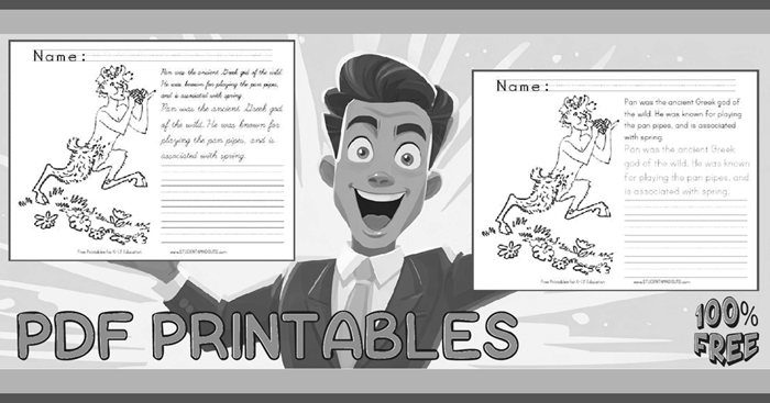 Greek God of Spring, Pan - Coloring Pages (PDFs) with Writing Practice in Print Manuscript or Cursive Script