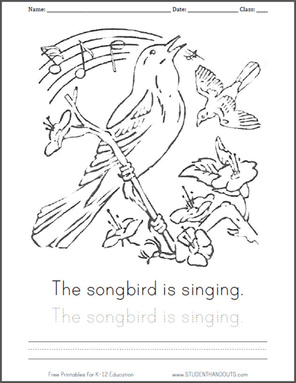 Singing Songbird Coloring Page with Handwriting Practice - Free to print (PDF file).