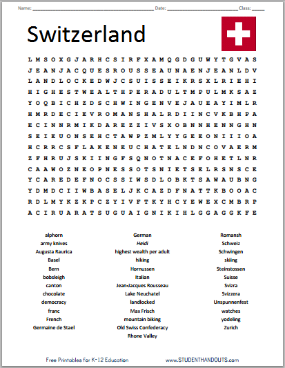 Switzerland Word Search Puzzle - Free to print (PDF file).