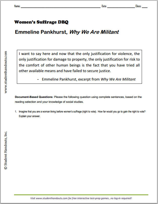 Emmeline Pankhurst "Why We Are Militant" - Free printable DBQ worksheet for high school World History or European History students.