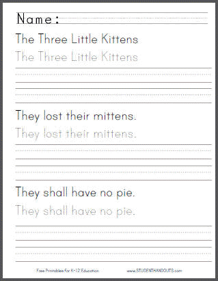 The Three Little Kittens Handwriting Practice Worksheet