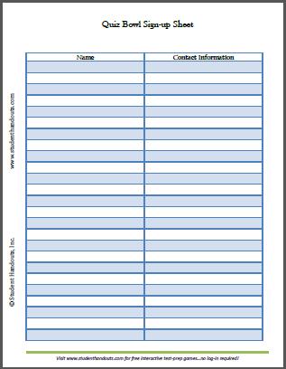Free Printable Quiz Bowl Sign-up Sheet | Student Handouts