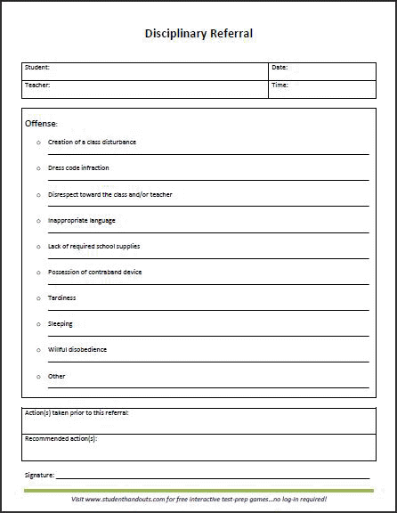 classroom disciplinary referral student handouts
