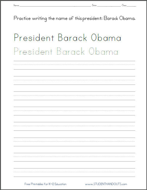 Barack Obama Print Manuscript Handwriting Practice Worksheet for Kids