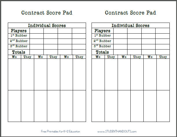 Free Printable Contract Bridge Score Sheets