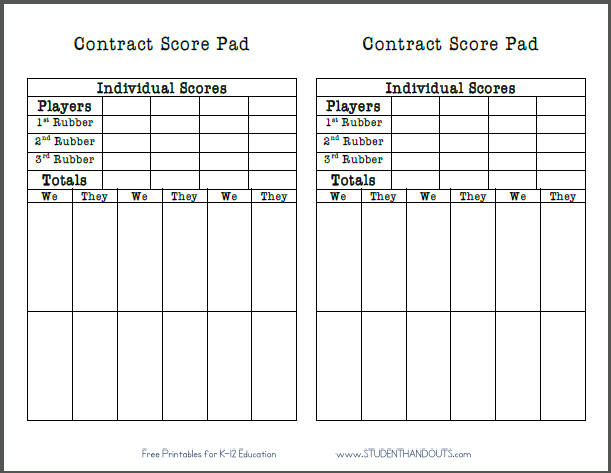 Free Printable Contract Bridge Score Sheet Student Handouts