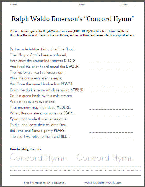 Concord Hymn Poetry Unscrambler Worksheet - Free to print (PDF file).