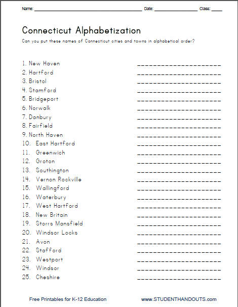 Put the names of the cities and towns of Connecticut into ABC (alphabetical) order. Free printable ELA English Language Arts worksheet for kids.