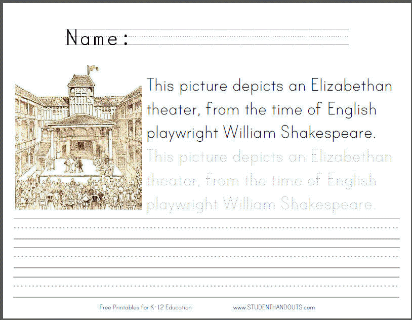 Elizabethan Theatre Coloring Sheet for Kids - Free to print (PDF file) with handwriting and spelling practice.