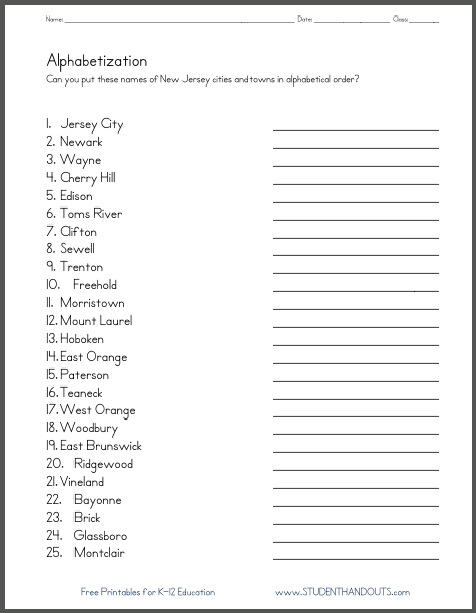 New Jersey Cities ABC Alphabetical Order ELA English Free Printable Worksheet for Kids