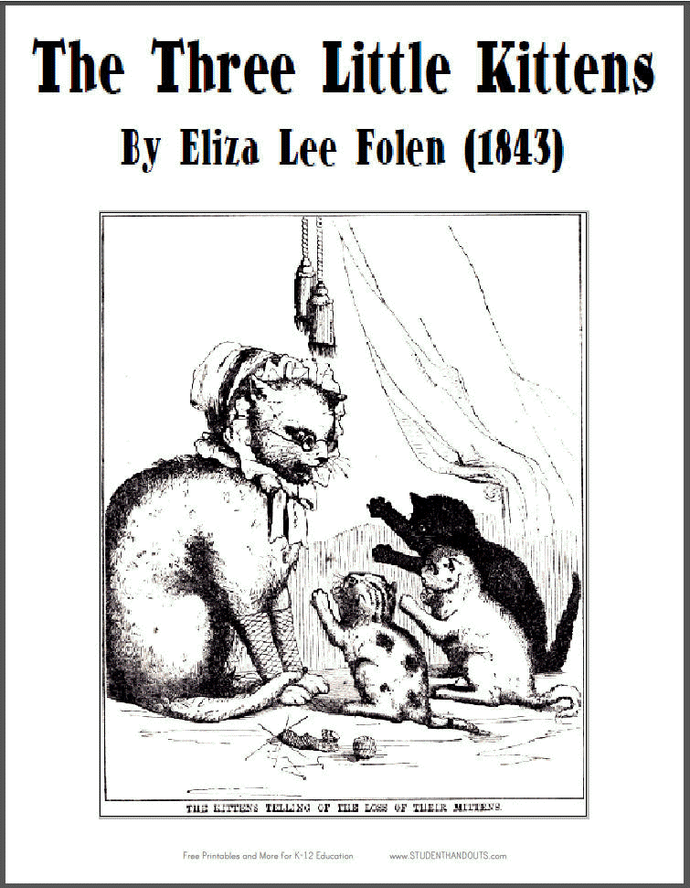 The Three Little Kittens (1843) by Eliza Lee Folen - Free eBook with worksheets.
