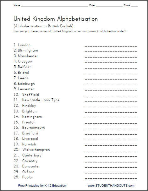 Put the names of leading cities and towns of the United Kingdom in alphabetical order. Free printable worksheet for primary school kids.