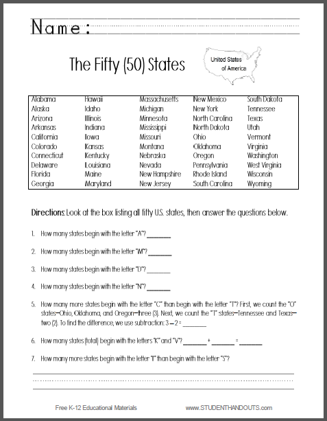 Fifty States - Math and Geography Worksheet