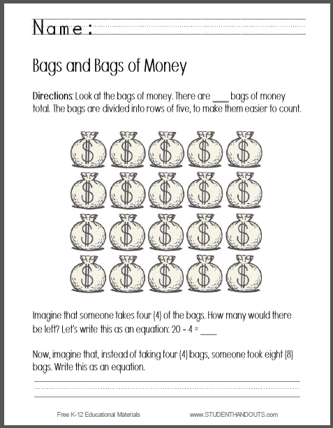 Bags of Money Worksheet - Writing an Equation - Free to print (PDF file) for kindergarten students.